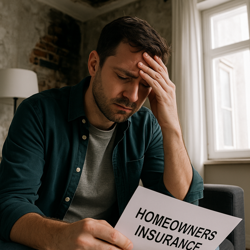 Worried homeowner reading a denied insurance claim letter after storm damage.
