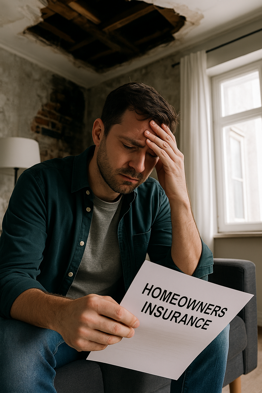 Worried homeowner reading a denied insurance claim letter after storm damage.